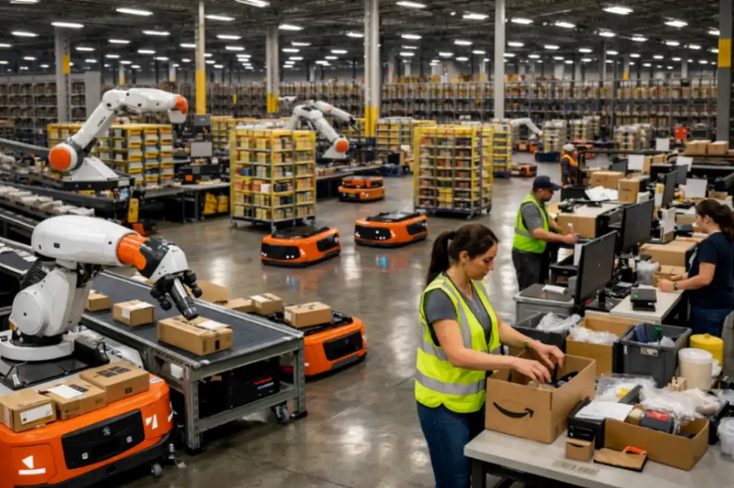 Склад Amazon в 2026 году роботы и люди